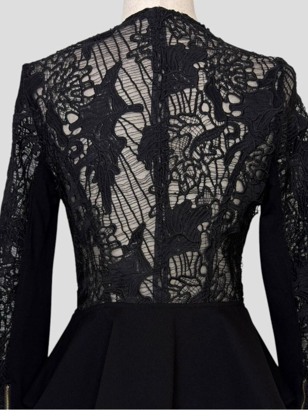 Black Peplum Jacket Size M With Sheer Lace Panels Y2K Corporate Goth Night Club - Picture 12 of 15